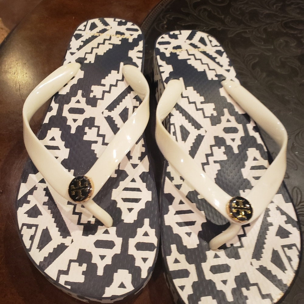 Tory Burch Navy and Creme Wedge Flip Flip